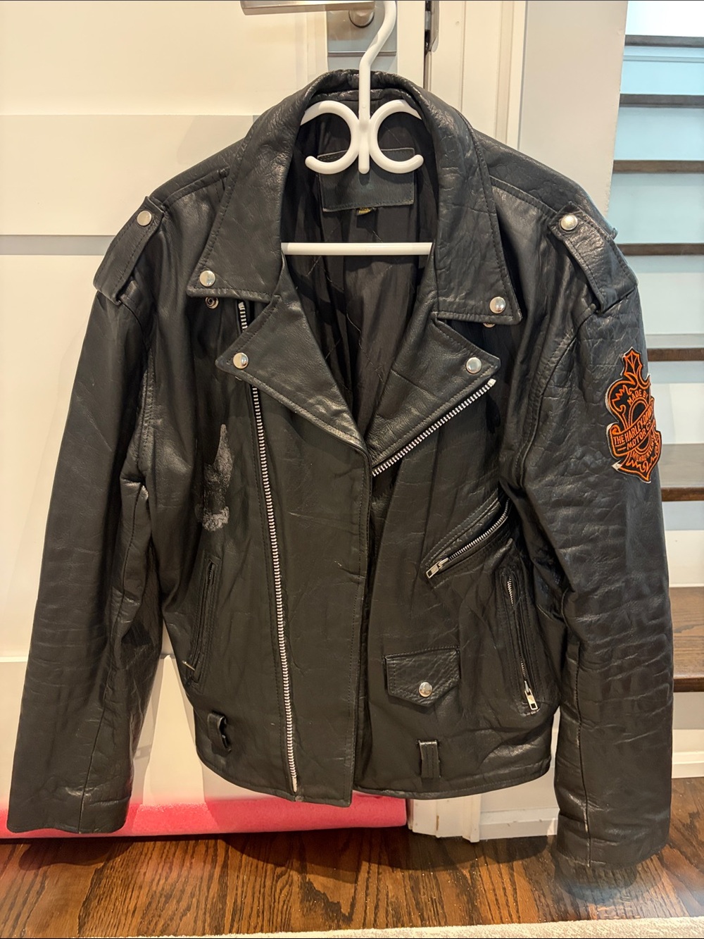 Harley-Davidson Black Leather Motorcycle Jacket with Orange Patch